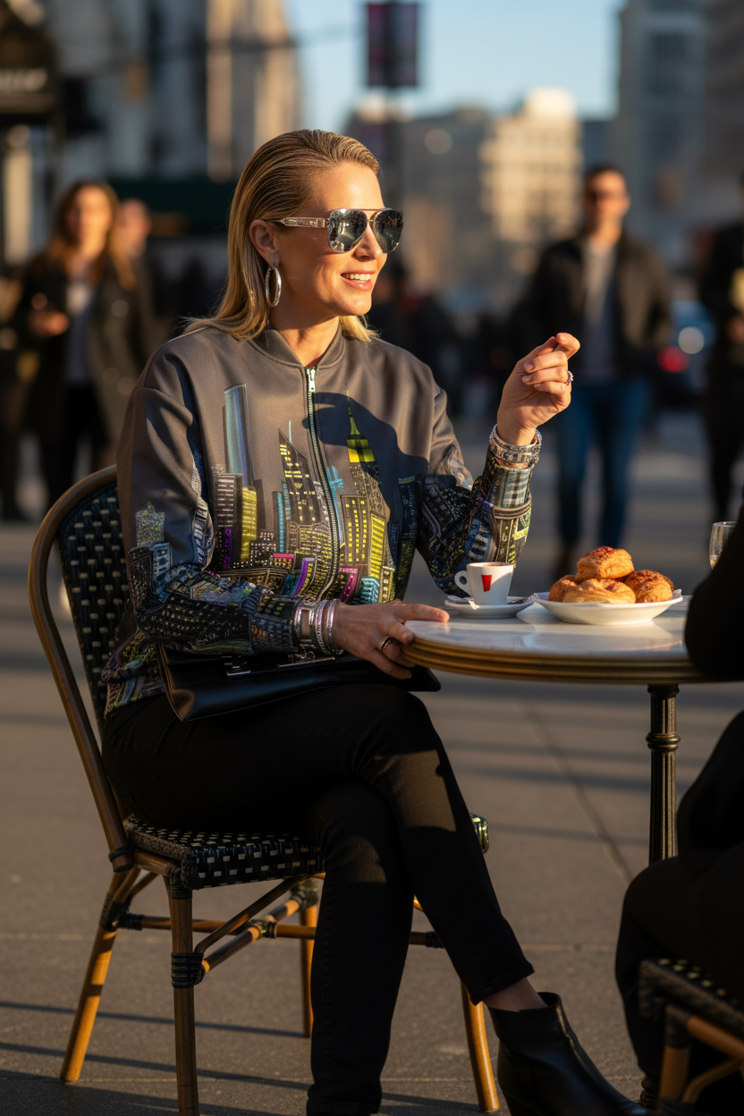 Woman sitting at an outdoor cafe table with pastries and a cup, wearing a Loria NYC Art colorful jacket.