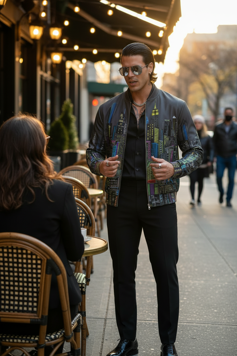Man in a colorful Loria NYC Art jacket standing on a city street with people sitting at outdoor tables.