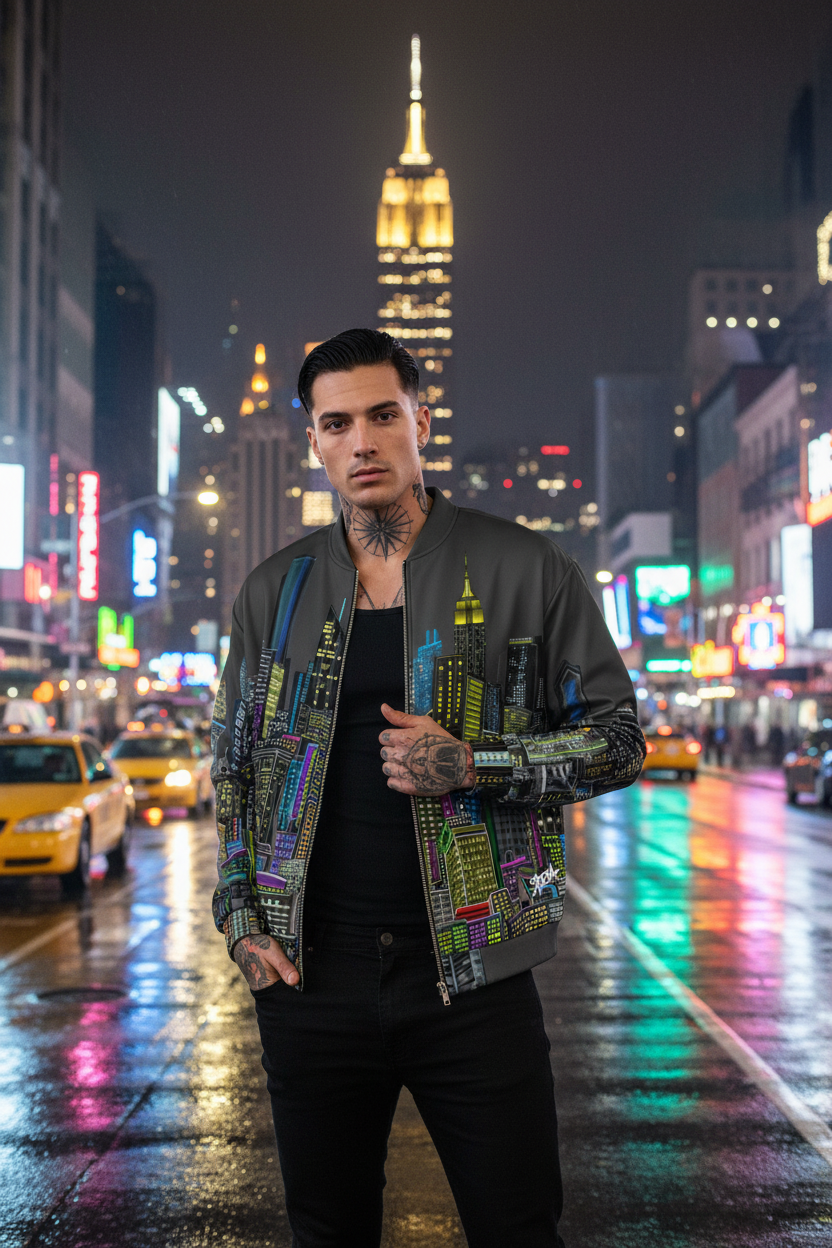 Man in a stylish Loria NYC Art jacket with colorful patterns standing on a city street at night.