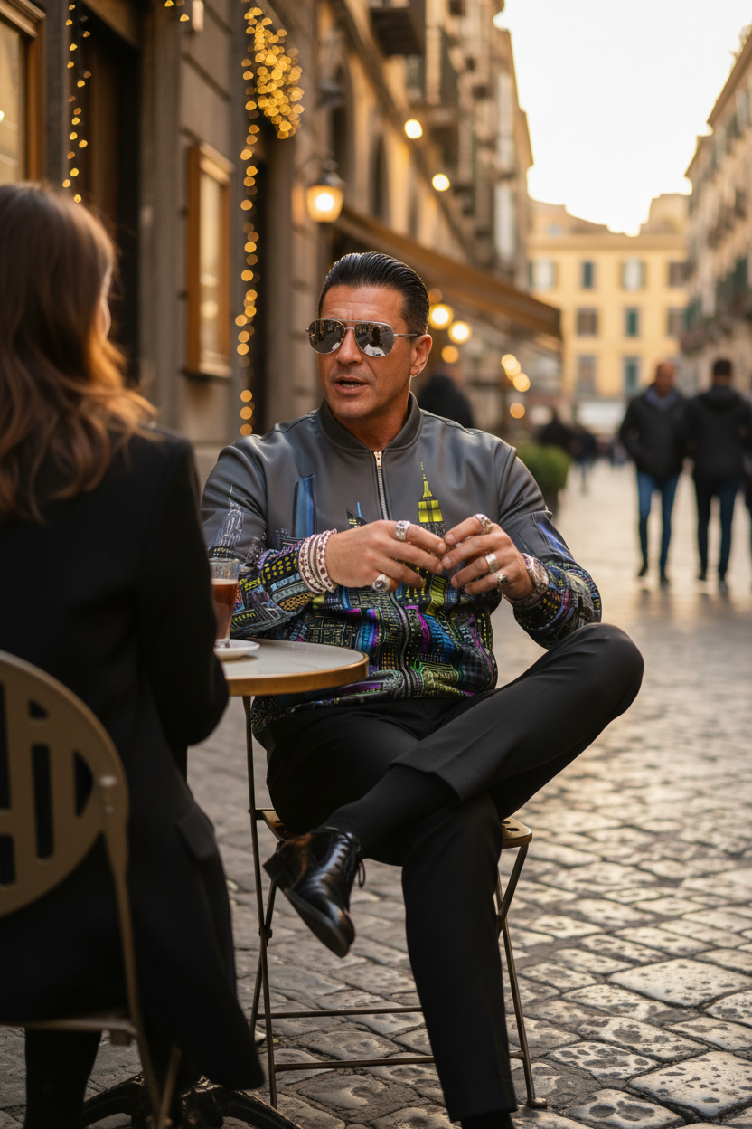Man sitting at an outdoor cafe table in a city street, wearing sunglasses and a Loria NYC Art jacket.