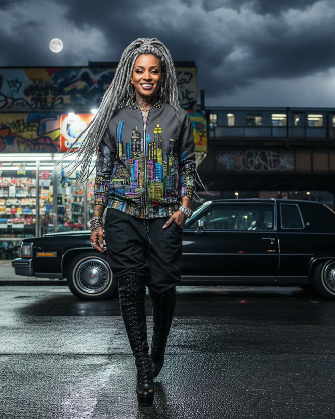 Person with braided hair standing in front of a vintage car under a dark sky with lightning wearing a Loria NYC Art Jacket