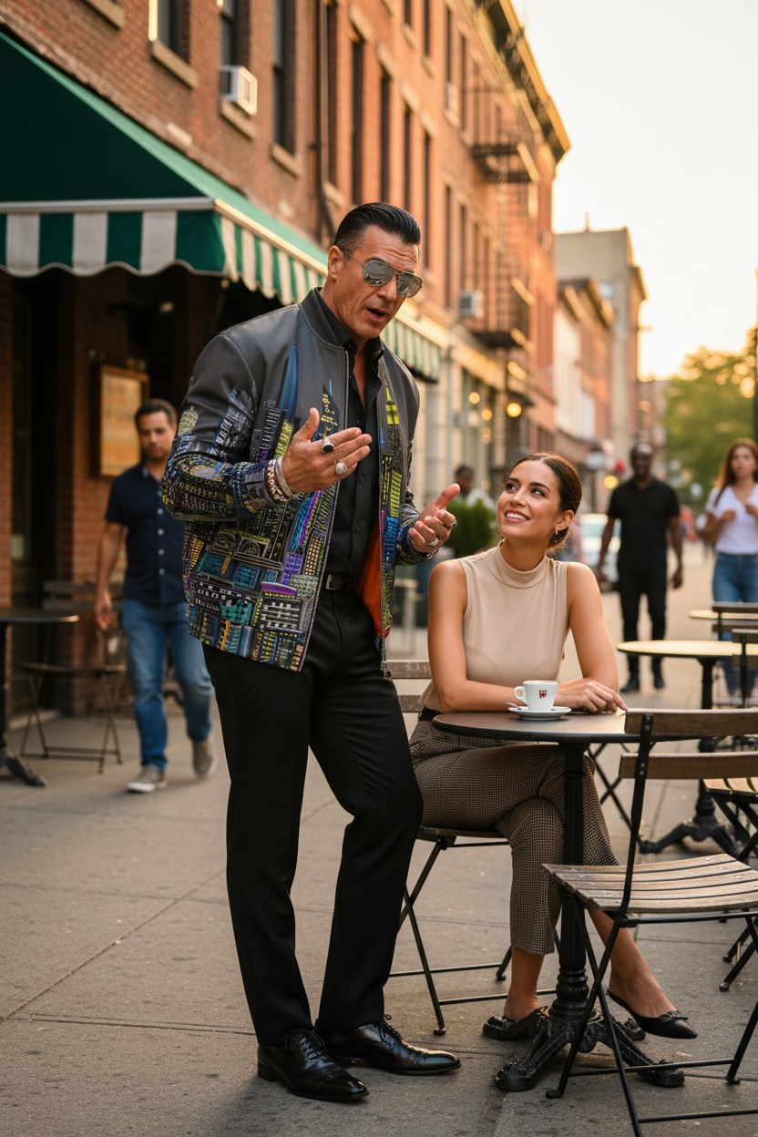Man outside talking wearing a colorful Loria NYC Art jacket in an urban setting.