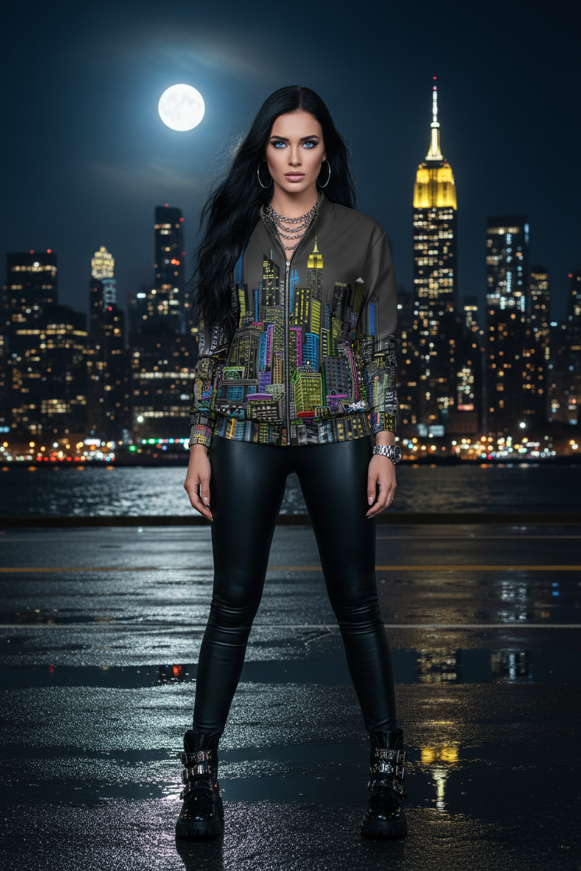 Lady posing in NYC skyline with jacket designed by Loria NYC Art