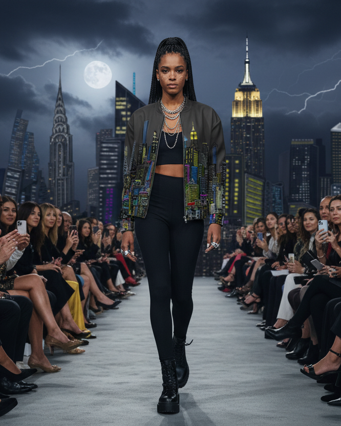 Model walking down a runway wearing a cityscape jacket by Loria NYC Art and moonlit sky in the background