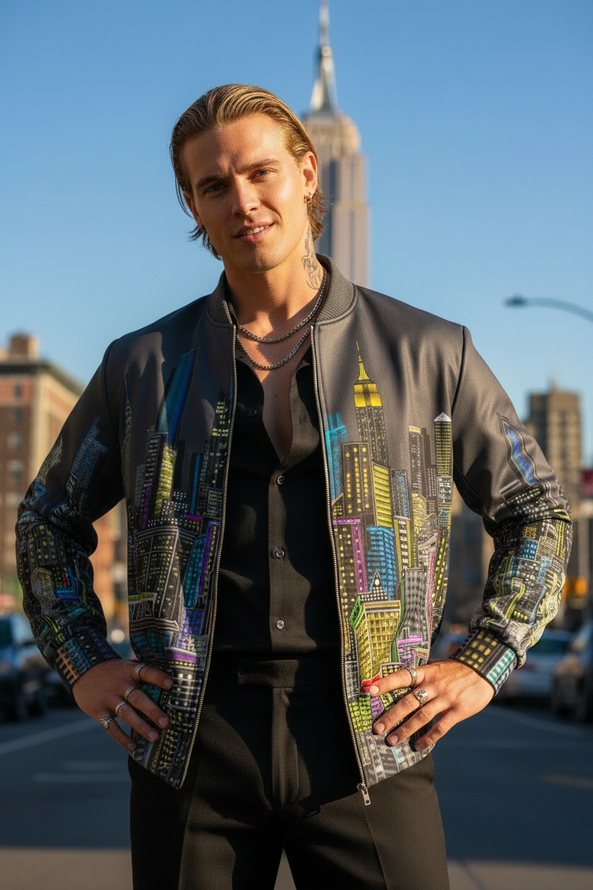 Man posing in a dark charcoal colorful Loria NYC Art jacket standing in an urban setting