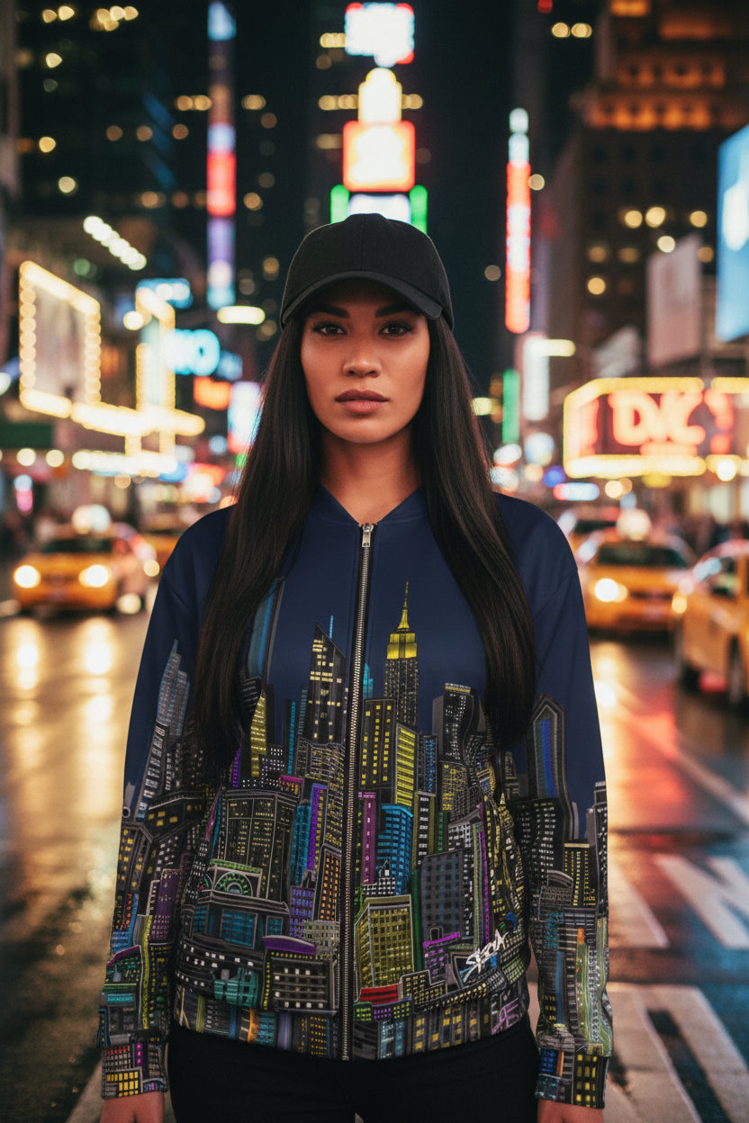Woman wearing a Loria NYC Art bomber jacket with a cityscape design on a white background