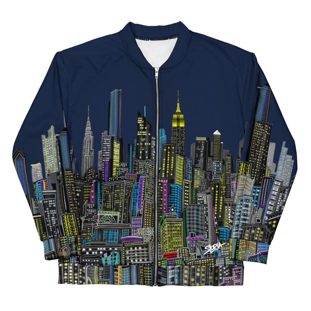 Folded sleeves front view of Navy bomber jacket with Loria NYC Art cityscape design on a white background