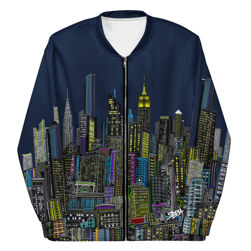 Front view of Folded sleeves on a Navy jacket with Loria NYC Art cityscape design on a white background