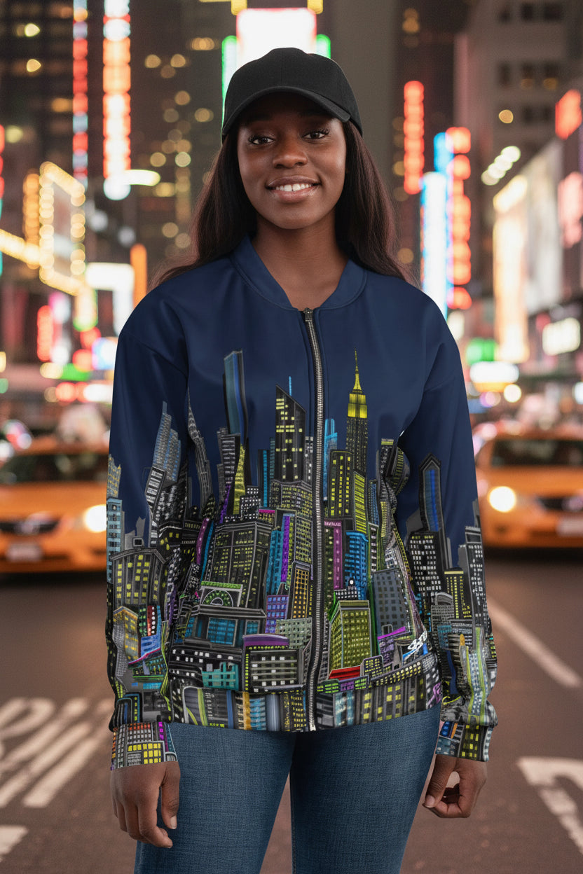 Woman wearing a navy blue Loria NYC Art bomber jacket with colorful cityscape design on a urban background