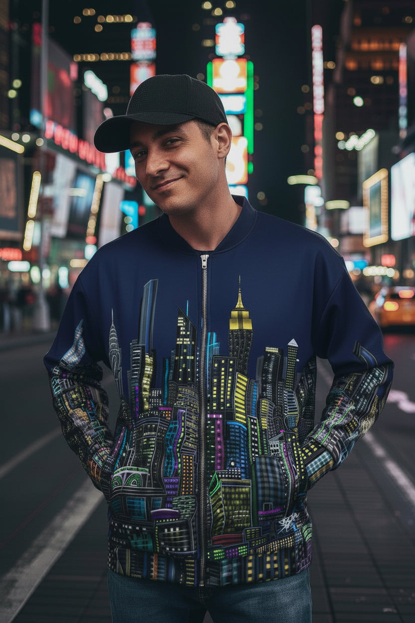 Man wearing a Loria NYC Art colorful cityscape design on a urban background