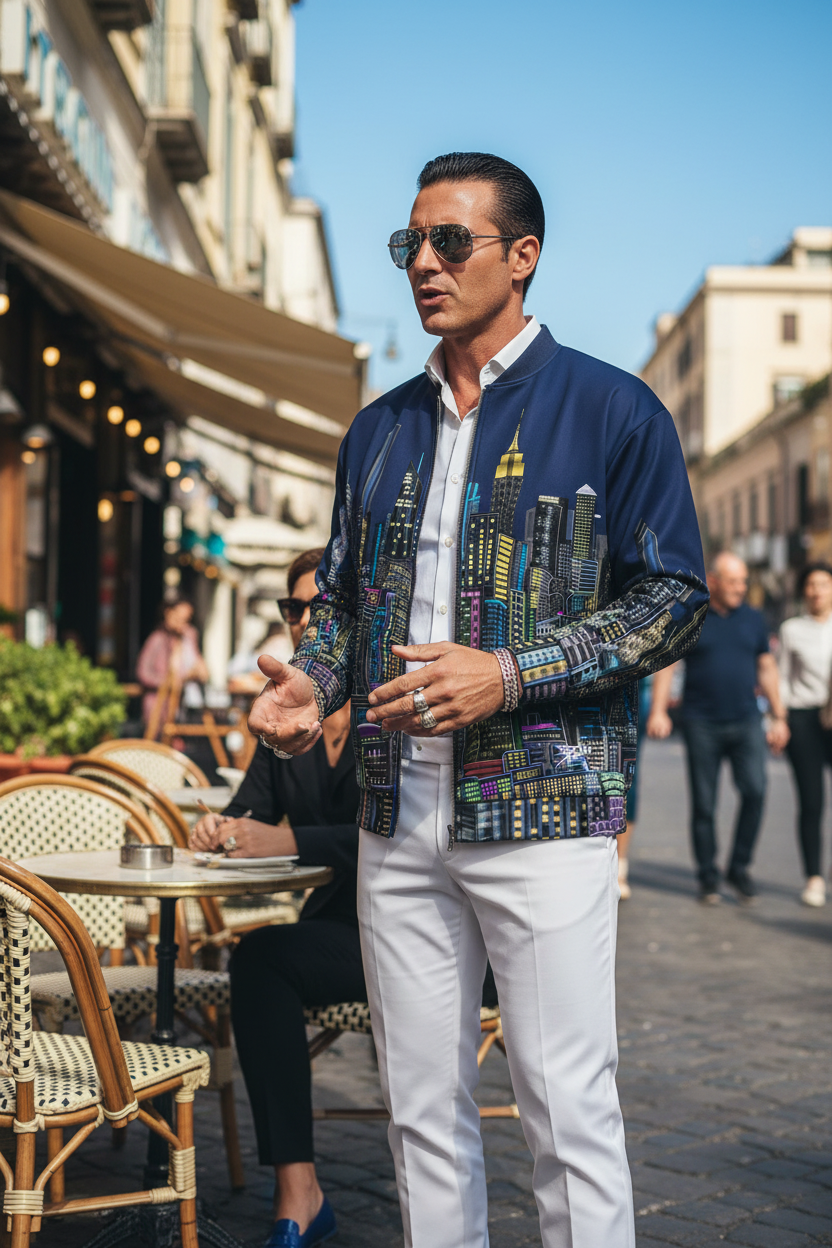 Man in a blue Loria NYC Art jacket and white pants talking at an outdoor cafe.
