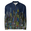 Navy blue bomber jacket with colorful cityscape Loria NYC Art design on a white background