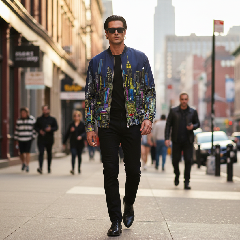 Man walking on a city street wearing a colorful jacket designed by Loria NYC Art