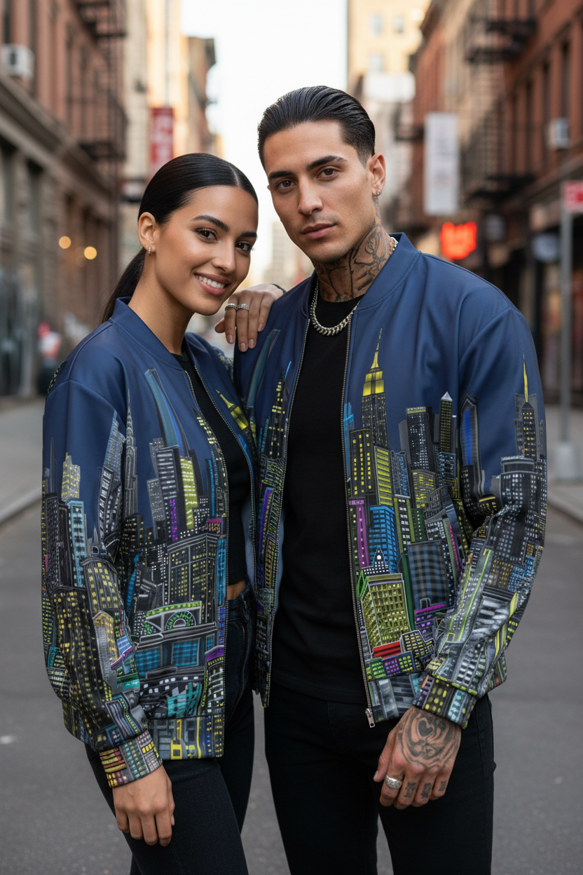 Two people wearing matching blue jackets with cityscape Loria NYC Art design on a city street.