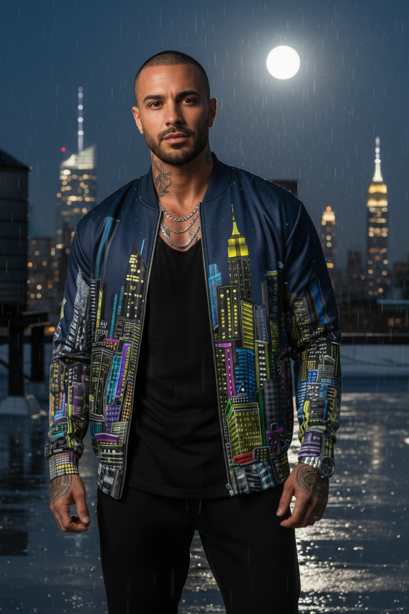 Man wearing a colorful jacket created by Loria NYC Art with cityscape design against a night sky with full moon and city lights.