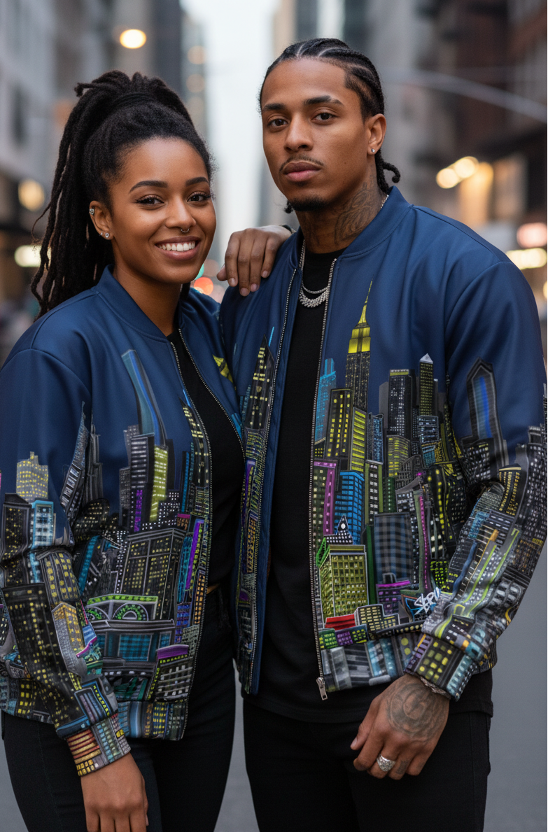 Two people wearing matching jackets with cityscape Loria NYC Art design on a city street.
