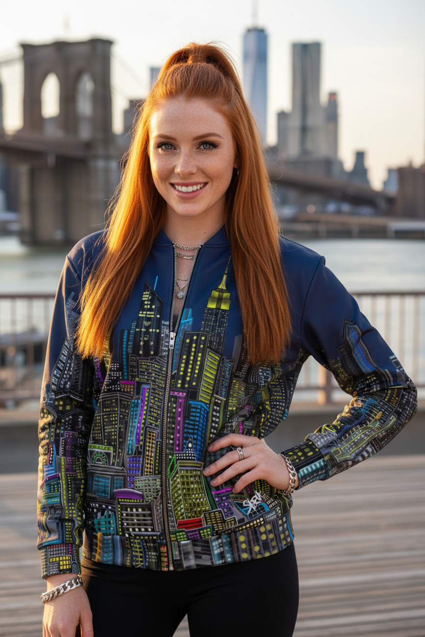 Woman wearing a colorful Loria NYC Art jacket with a cityscape background