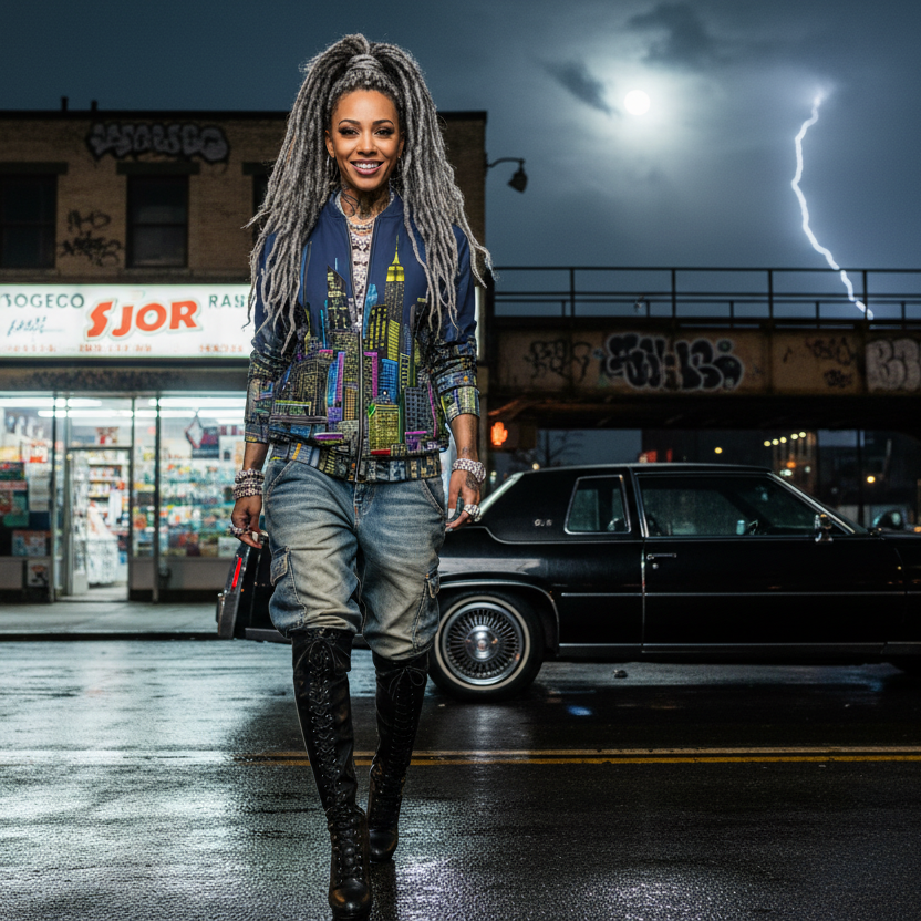 Woman wearing a blue Loria NYC Art jacket with dreadlocks standing in a rain-soaked urban street with a car and storefronts in the background.