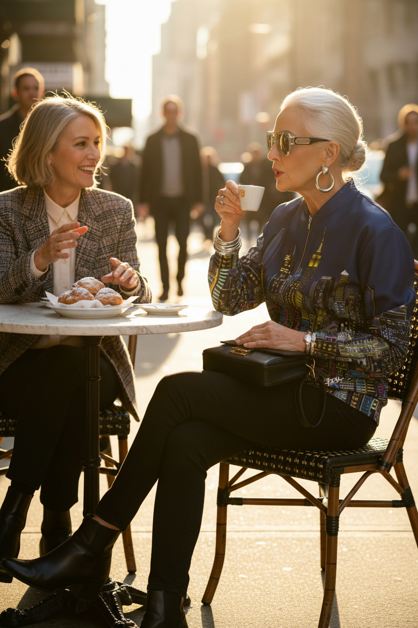 Women sitting at a table with a friend drinking coffee wearing a blue Loria NYC Art jacket.