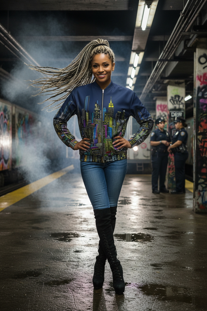 Woman wearing a Loria NYC Art jacket standing on a subway platform  with police in the background