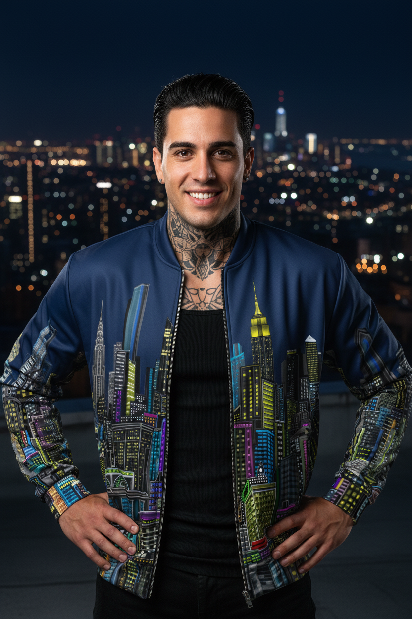 Man wearing a colorful jacket with cityscape Loria NYC Art design against a night skyline
