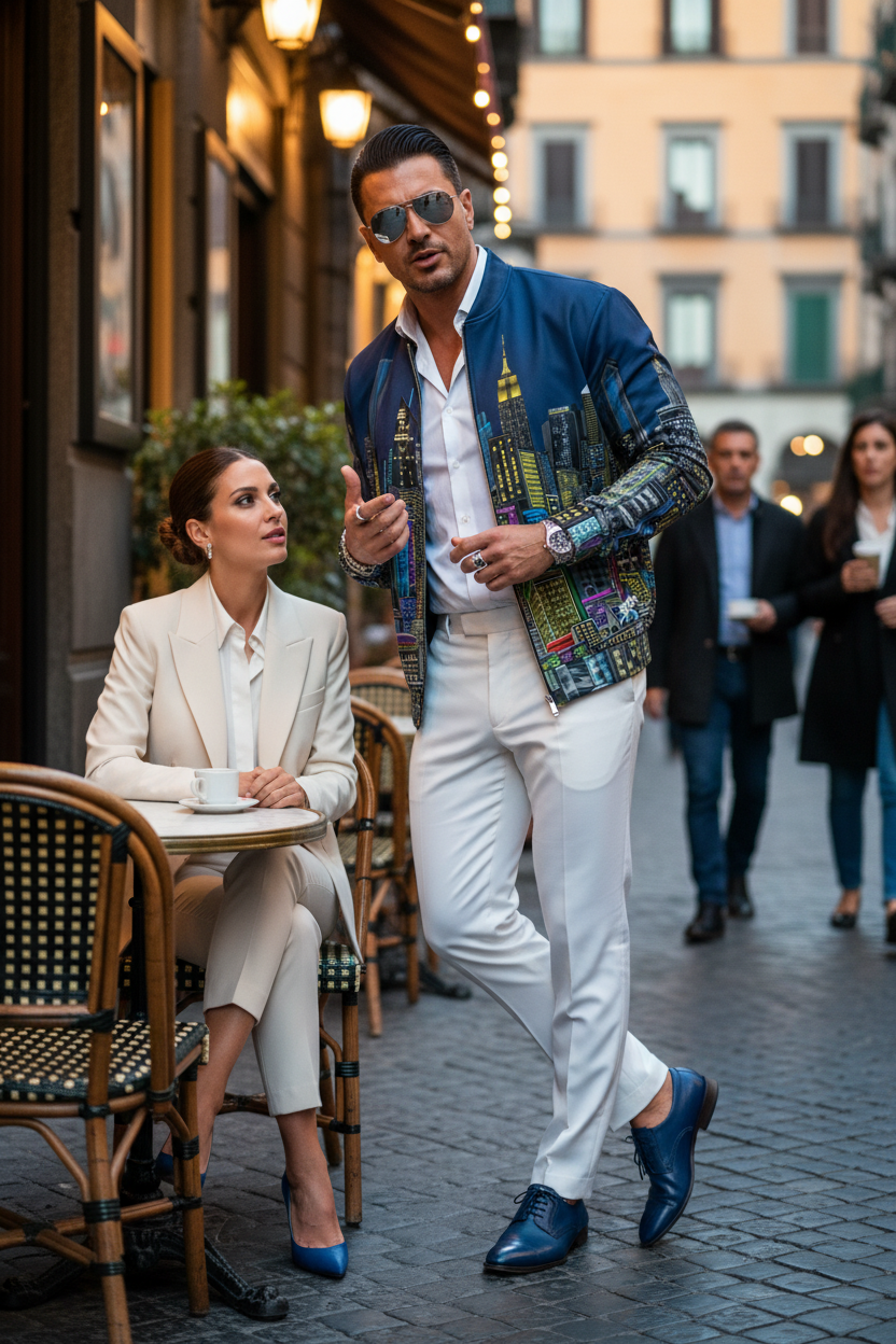 Man talking to a friend wearing a blue Loria NYC Art jacket at an outside area. 