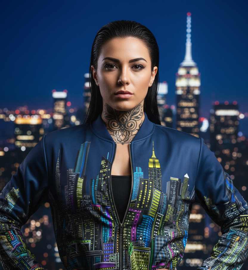 Woman wearing a colorful Loria NYC Art jacket with a cityscape background