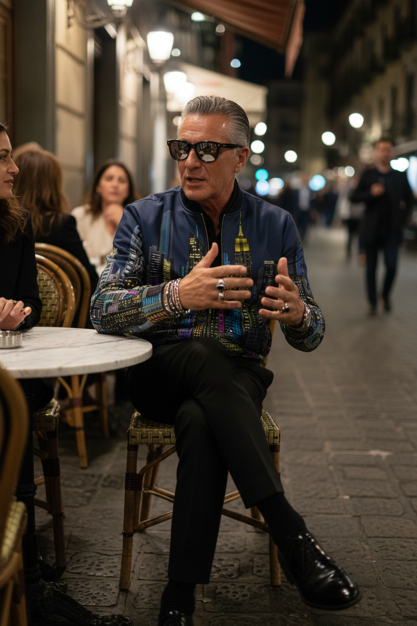 Man talking at an outside cafe wearing a blue Loria NYC Art jacket.