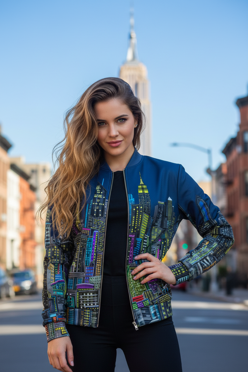Person posing outside in a blue colorful Loria NYC Art bomber jacket.