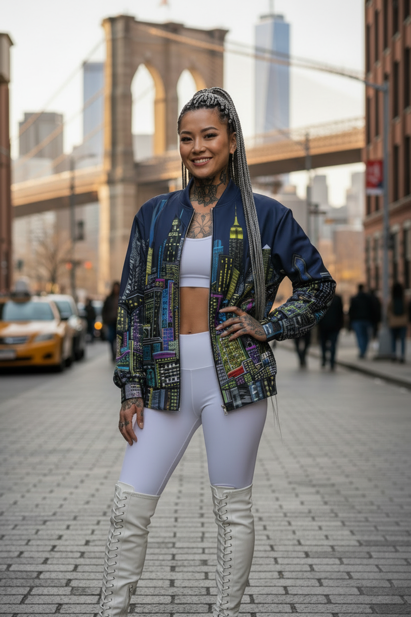 Person wearing white clothes with a colorful Loria NYC Art jacket on a urban city street