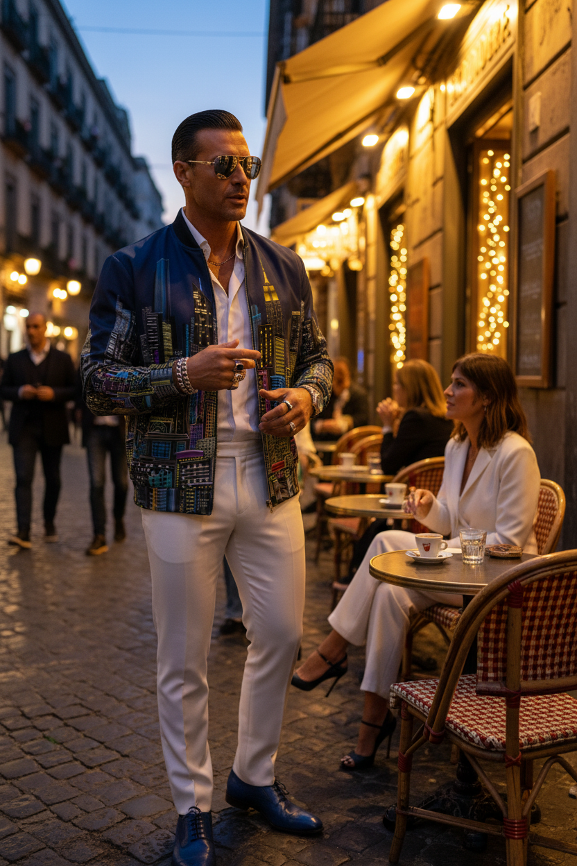 Man in a colorful blue Loria NYC Art jacket and white pants walking at an outdoor cafe.
