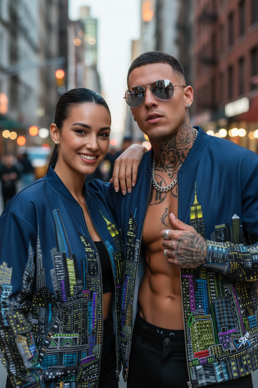 Two people standing close together on a city street, wearing matching Loria NYC Art jackets with cityscape designs.