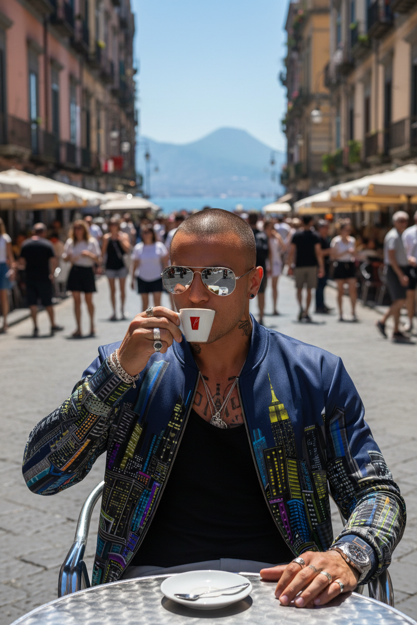 Man wearing a blue Loria NYC Art jacket drinking coffee at a table.
