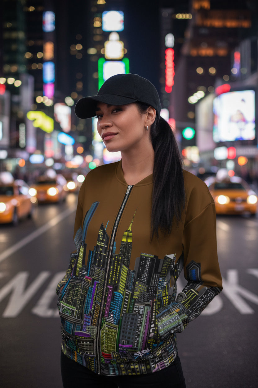 Woman wearing a brown bomber jacket with cityscape design by Loria NYC Art on a white background
