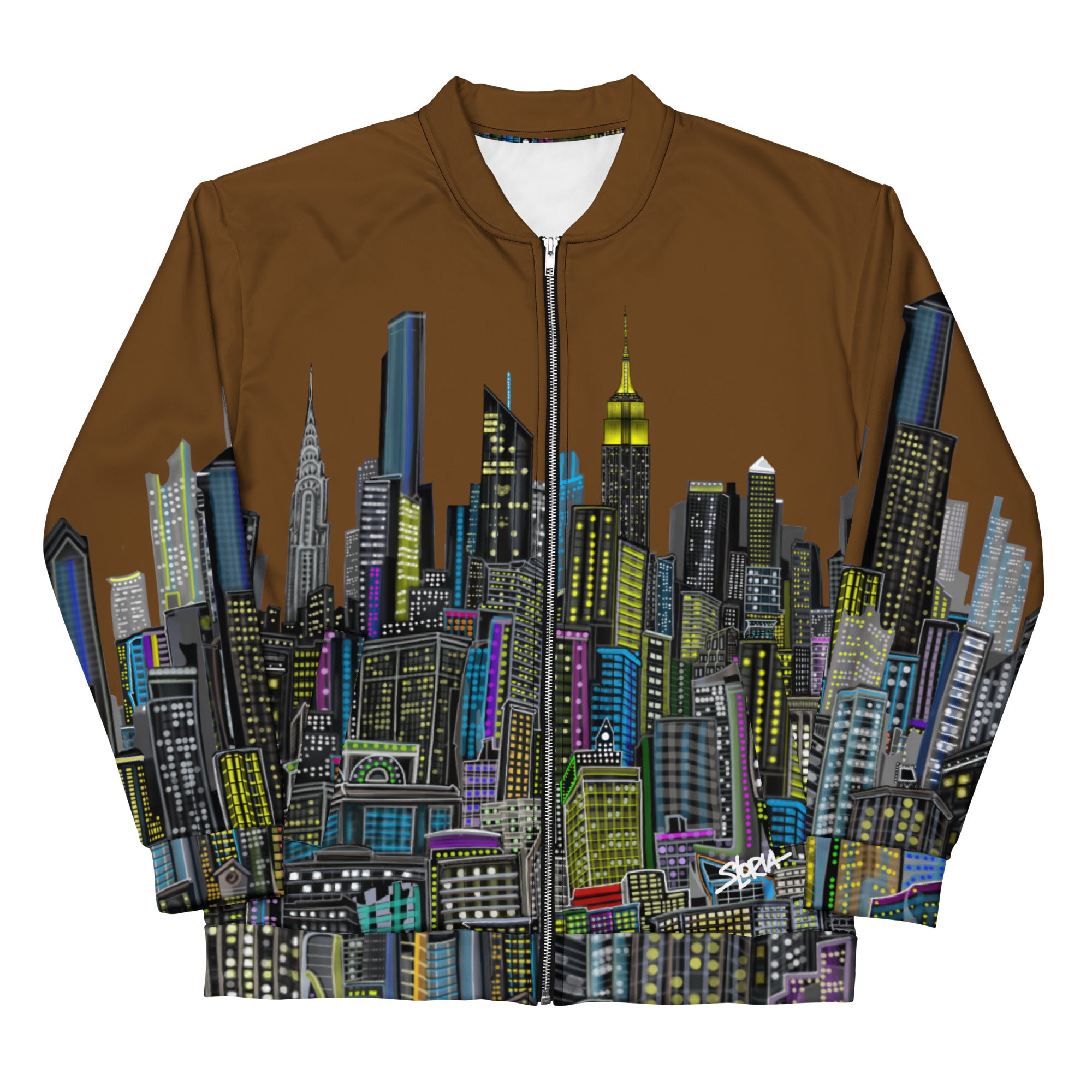 Brown jacket with folded sleeves and cityscape design created by Loria NYC Art on the back against a white background