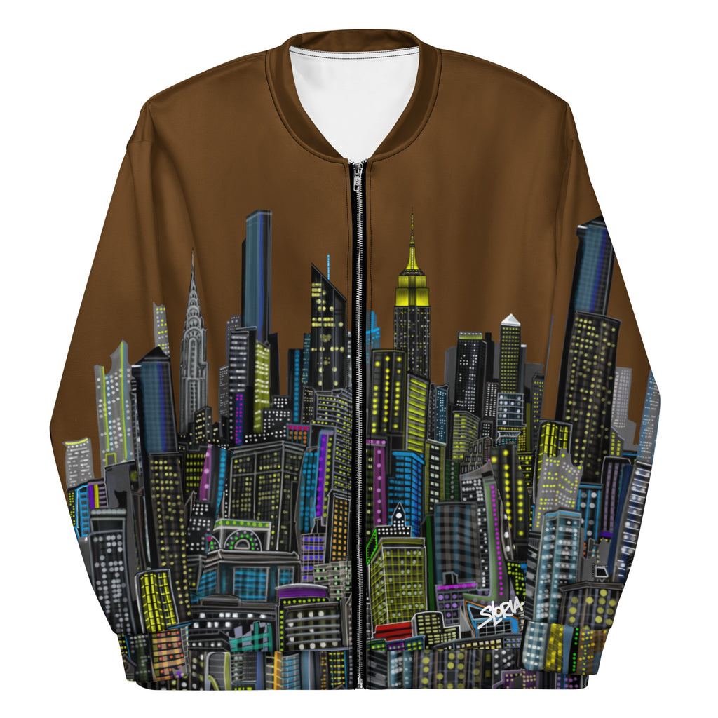 Brown jacket with colorful cityscape design created by Loria NYC Art on a white background