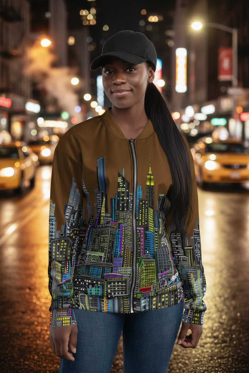 Woman in a brown bomber jacket with cityscape design by Loria NYC Art on a white background