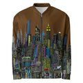 Brown bomber Loria NYC Art jacket with a colorful cityscape design  