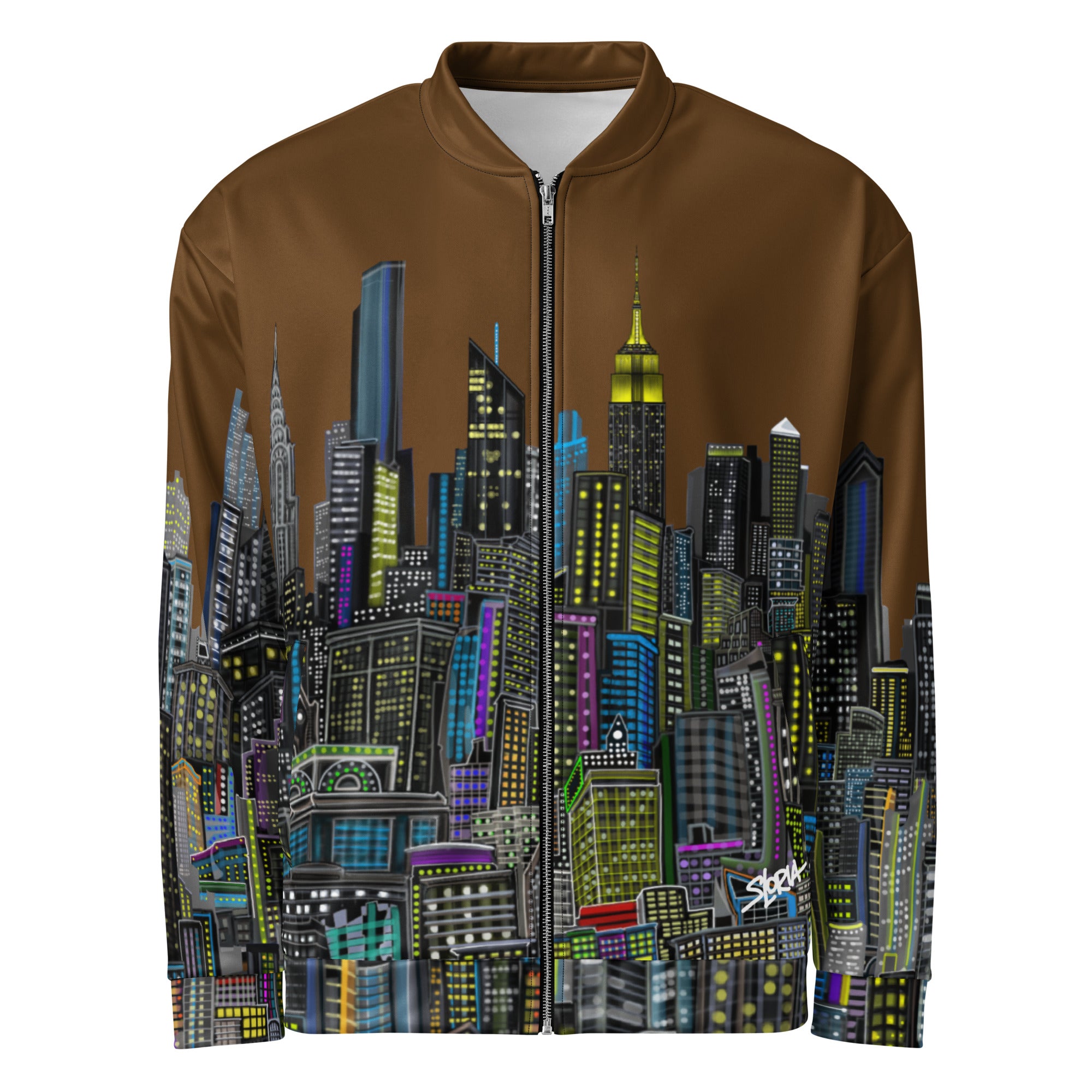 Brown bomber Loria NYC Art jacket with a colorful cityscape design  