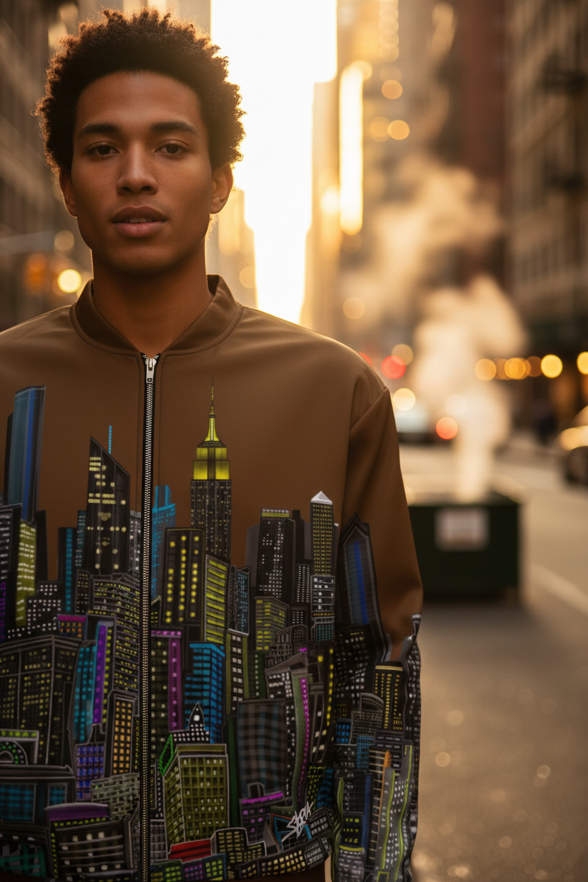 Person wearing a brown Loria NYC Art jacket with a cityscape design on a city street at night.