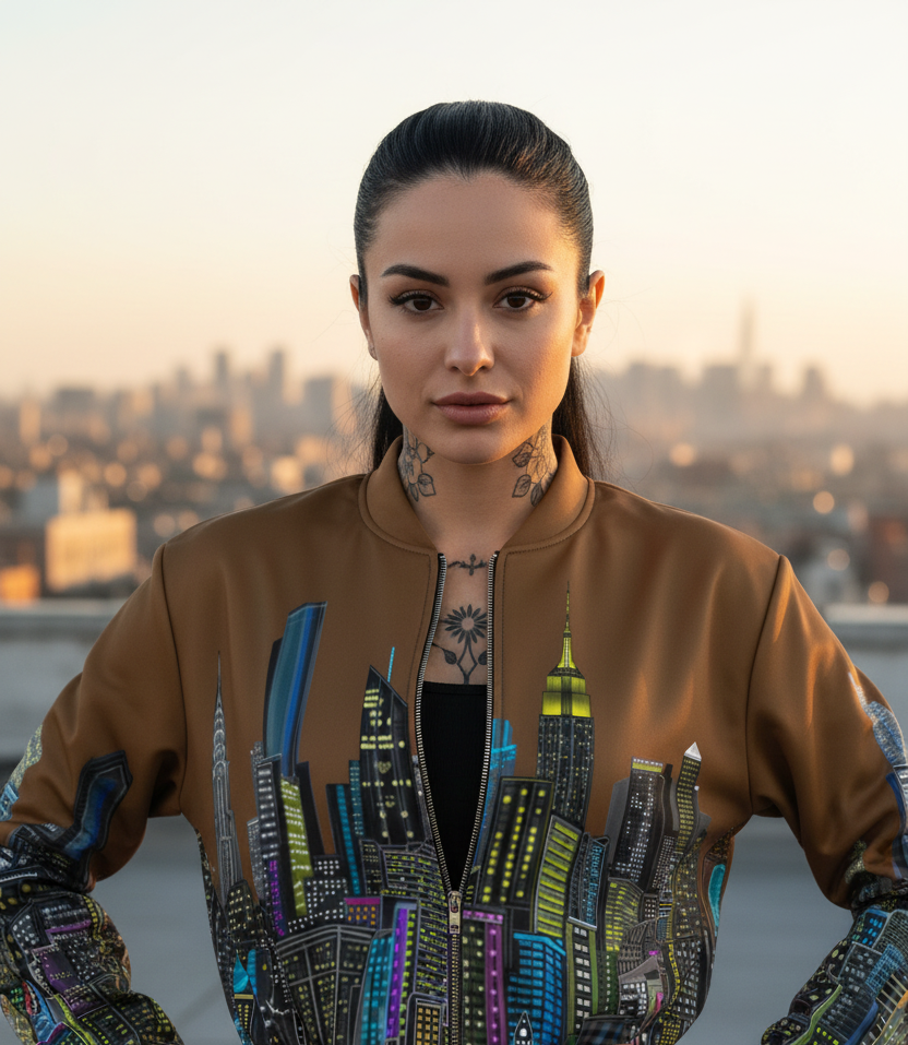 Woman wearing a brown jacket with cityscape Loria NYC Art design against a blurred city skyline.