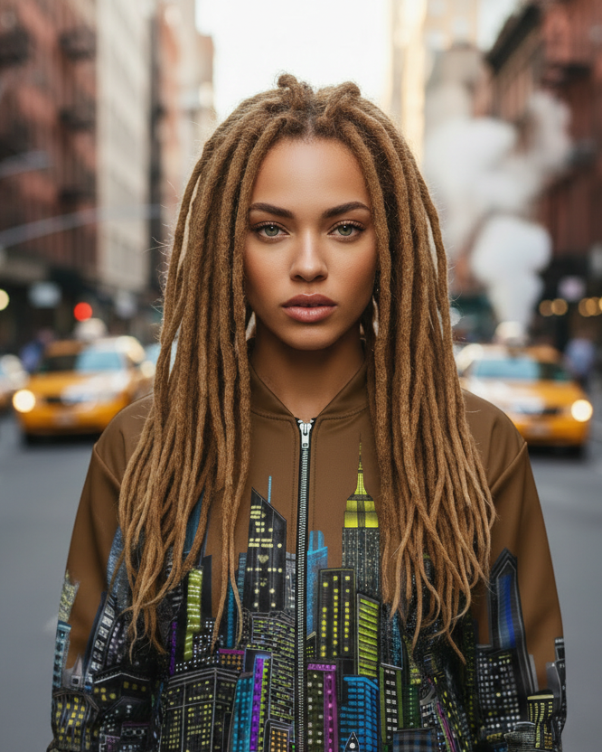 Woman with long braided hair standing on a city street with taxis in the background wearing a Loria NYC Art jacket