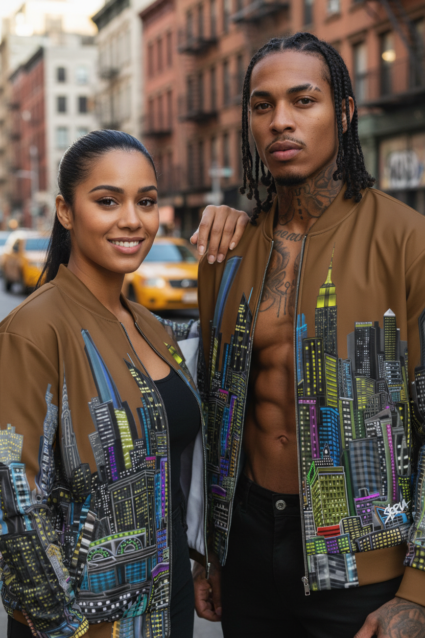 Two people wearing matching jackets with cityscape Loria NYC Art designs on a city street.