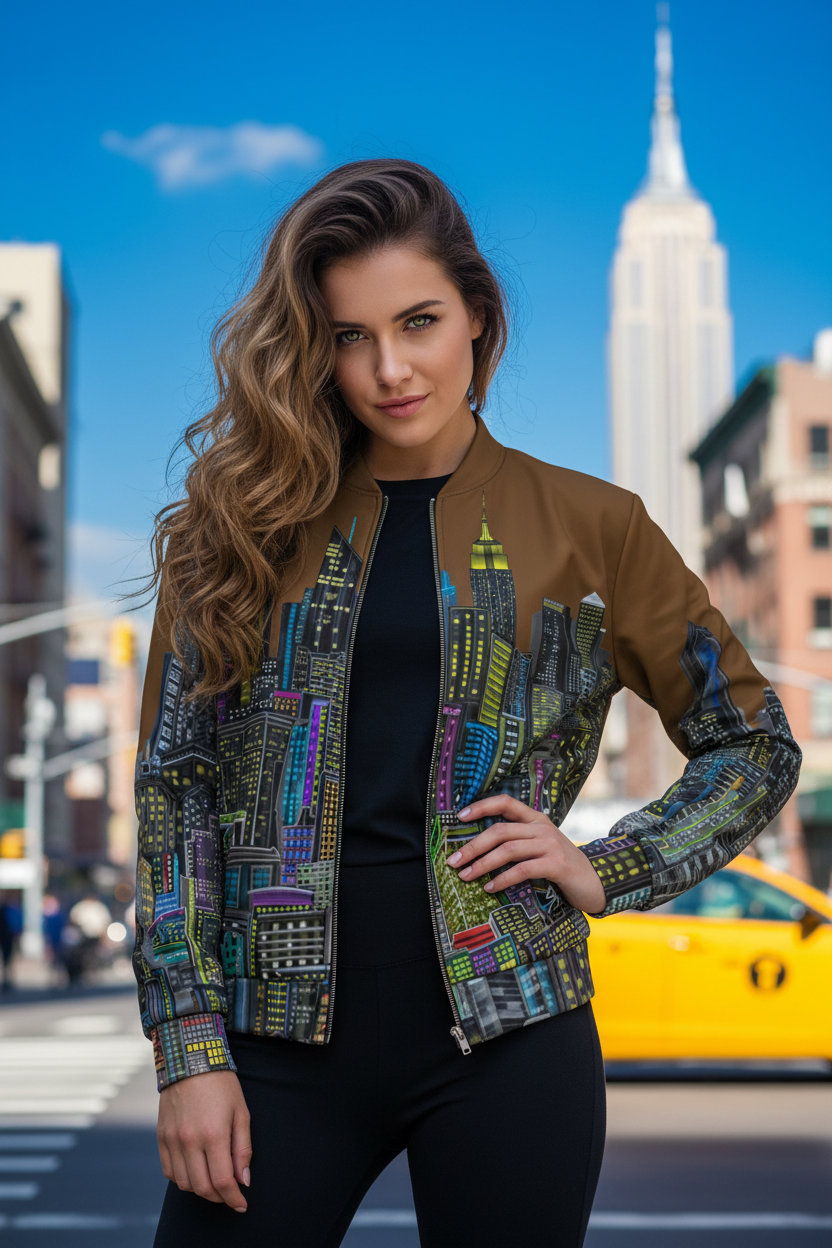 Woman wearing a Loria NYC Art colorful jacket with cityscape design in an urban setting