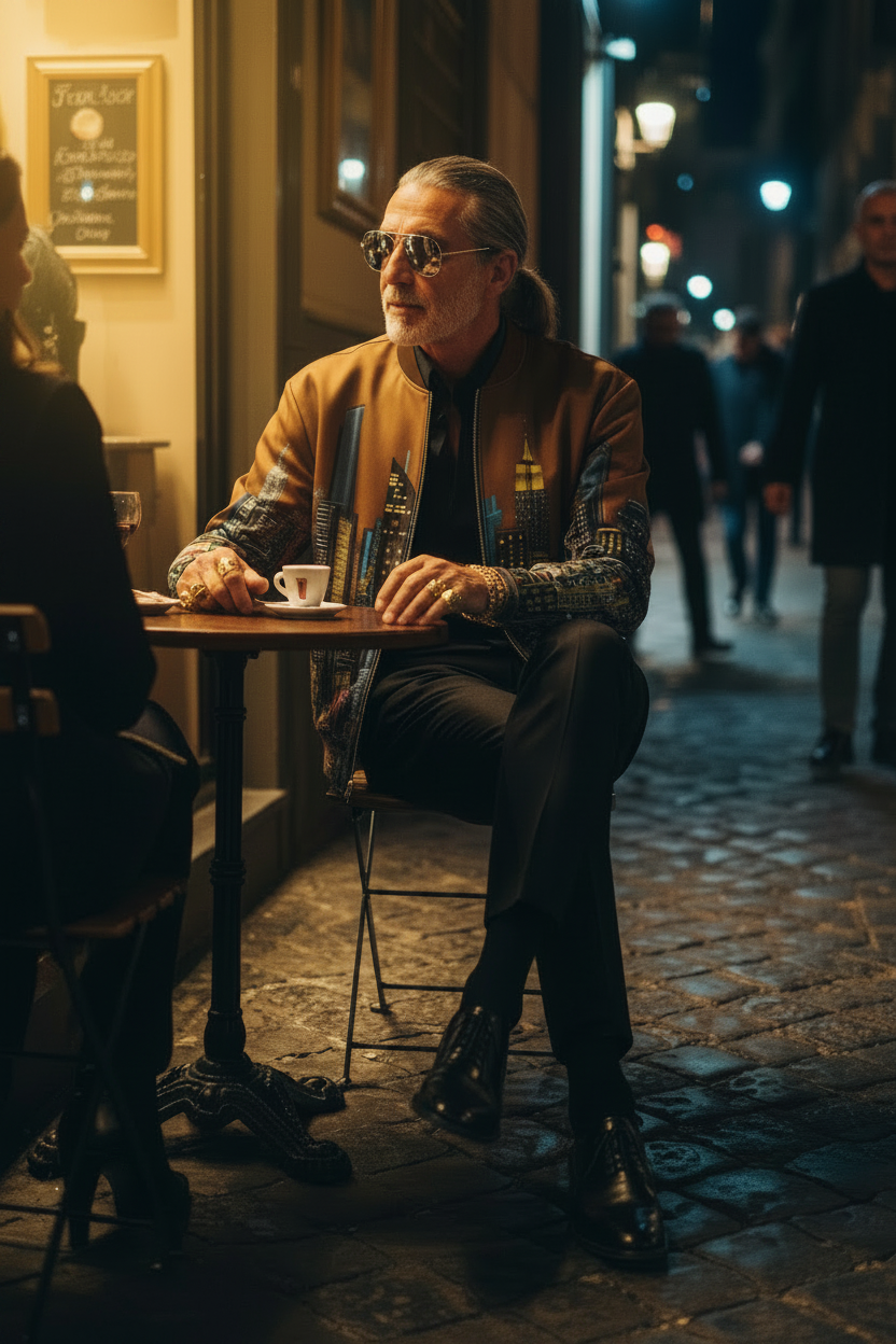 Man sitting at a table in an urban setting, wearing Loria NYC Art jacket 