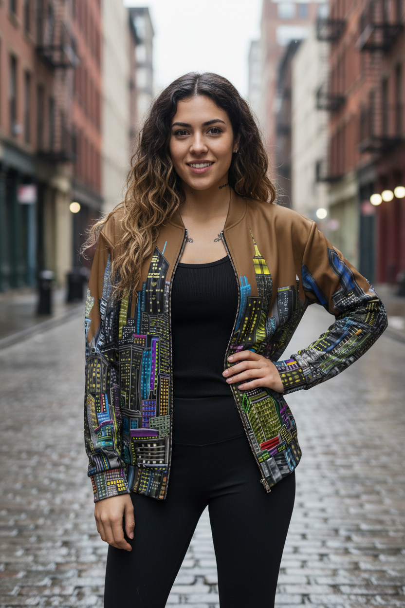 Woman wearing a colorful Loria NYC Art jacket with a black top and pants on a city street.