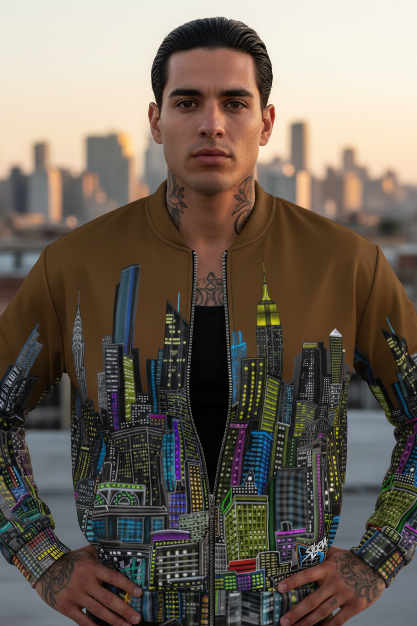Man wearing brown colorful Loria NYC Art jacket design on an urban setting 