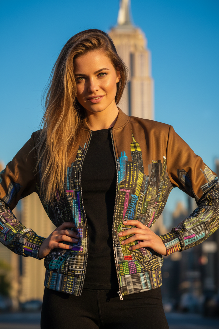 Woman wearing a colorful Loria NYC Art jacket with a blurred cityscape background