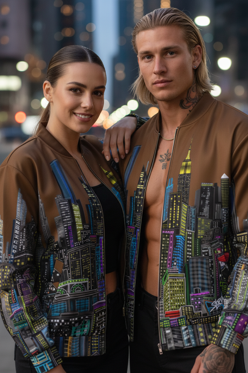 Two people wearing matching jackets with cityscape Loria NYC Art design in an urban night setting.