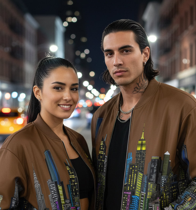 Two people wearing brown Loria NYC Art jackets with cityscape designs on a blurred street background